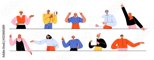 People pointing with finger and hand, hold blank banners. Diverse persons with pointing gesture showing white posters and mobile phone screen isolated on white background, vector flat illustration