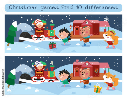 Find 10 differences. Game for children. A cute elf rides a train on Christmas Eve. Animals in the winter forest. Vector illustration.