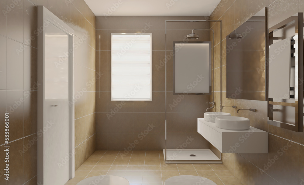 Clean and fresh bathroom with natural light. 3D rendering.. Mockup. Empty paintings Clean and fresh bathroom with natural light. 3D rendering.. Mockup. Empty paintings