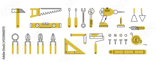 Building doodle tools. Repair work mechanic equipment hammer saw knife scissors wrench screwdriver. Vector isolated set
