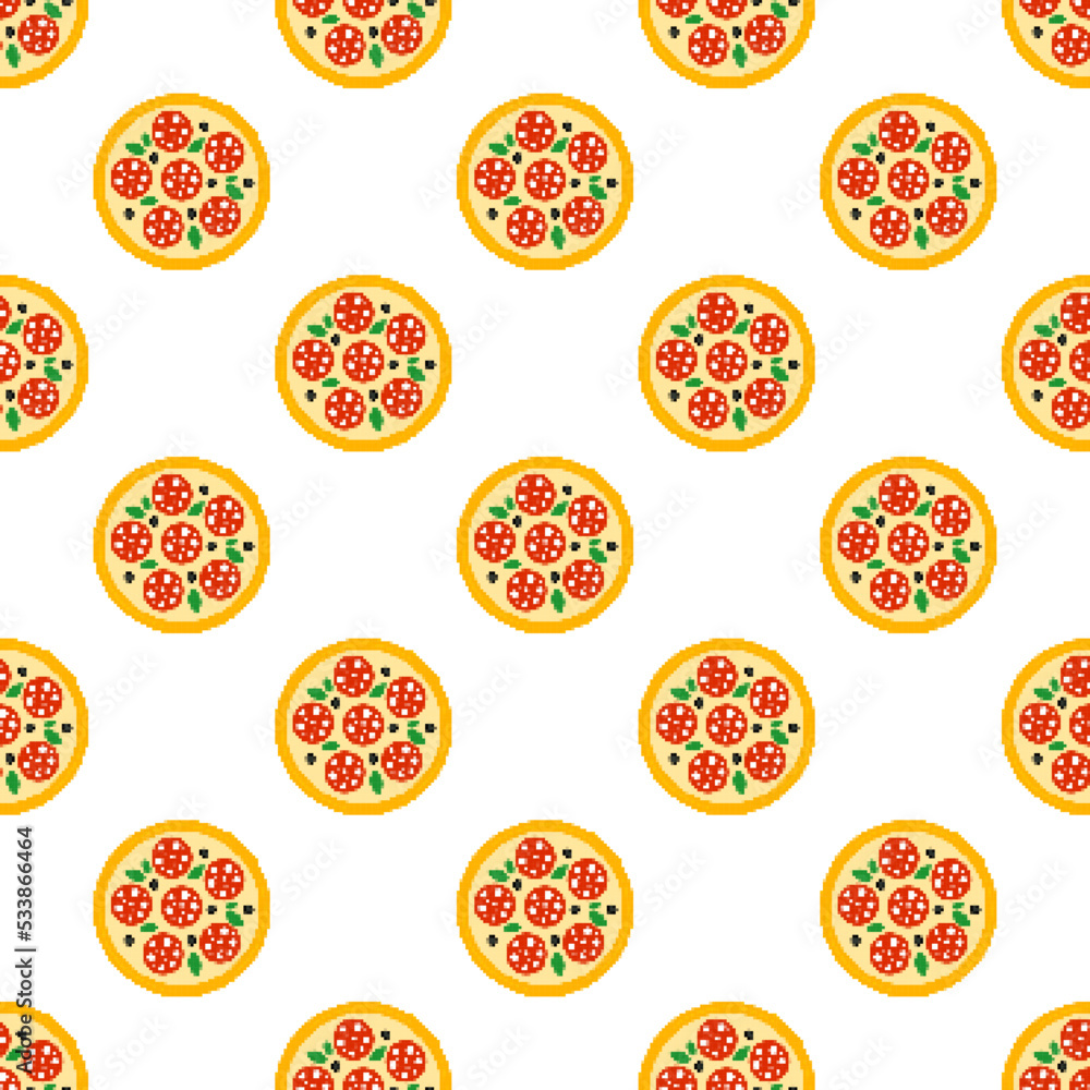 Pixel pizza seamless pattern. 8-bit pizza with salami. Pixel art fast food icon in flat design. Pizza sign in retro style. Design for fabric, wallpaper, wrapping paper, packing. Vector illustration Pixel pizza seamless pattern. 8-bit pizza with salami. Pixel art fast food icon in flat design. Pizza sign in retro style. Design for fabric, wallpaper, wrapping paper, packing. Vector illustration