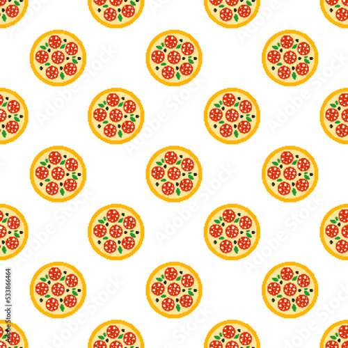 Pixel pizza seamless pattern. 8-bit pizza with salami. Pixel art fast food icon in flat design. Pizza sign in retro style. Design for fabric, wallpaper, wrapping paper, packing. Vector illustration