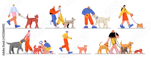People walk with dogs, male and female owners characters walking, playing and spending time with pets isolated set. Leisure, communication, love, care of animals, Line art flat vector illustration
