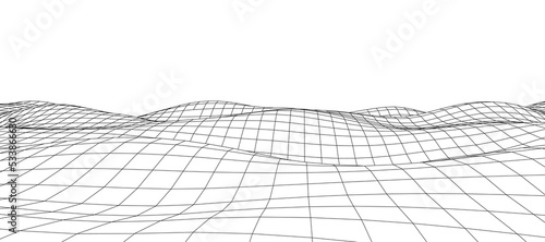 Digital wavy wireframe landscape. Futuristic linear undulating terrain. Digital cyberspace in mountains with valleys. Vector illustration.