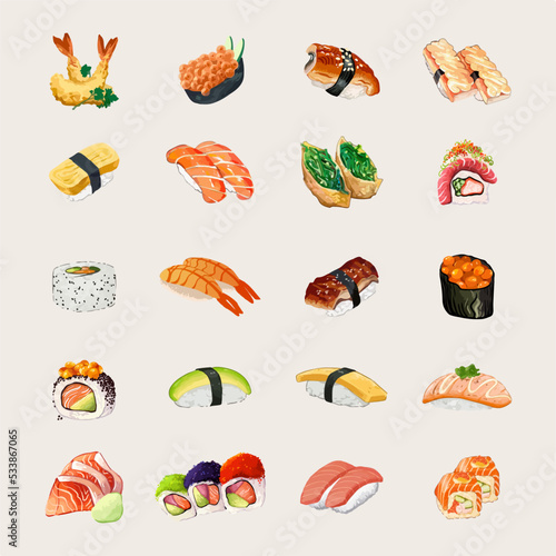 Set of Watercolor Japanese Food Vector Illustration