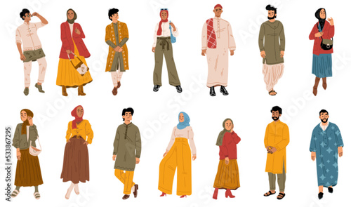 Modern arab people, young male and female characters in traditional dress and headwear. Isolated trendy arabian men and women. Muslim culture and fashion, Cartoon linear flat vector illustration
