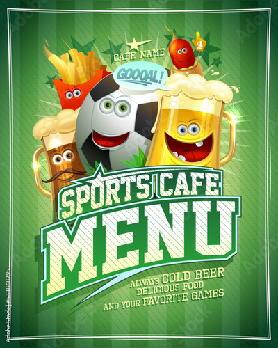 Sports cafe menu cover vector template with football ball and funny personages