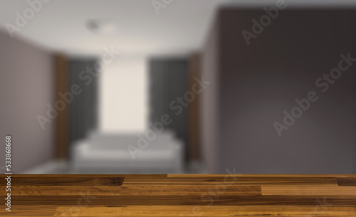 Furniture set with table, chairs and devices. 3D rendering.. Background with empty wooden table. Flooring.