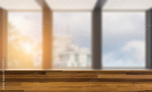 Elegant office interior. Mixed media. 3D rendering.. Sunset.. em. Background with empty wooden table. Flooring.