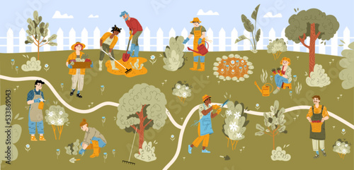 Characters working in garden. Gardening hobby, farm works concept with people harvesting, planting and caring of plants, raking ground and watering flowers, Cartoon linear flat vector illustration