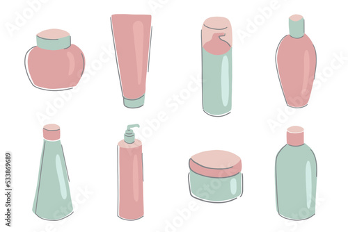 Collection of skincare product containers. Set of different tubes and bottles with cleansers  lotions  moisturizers  serums. Flat vector illustration