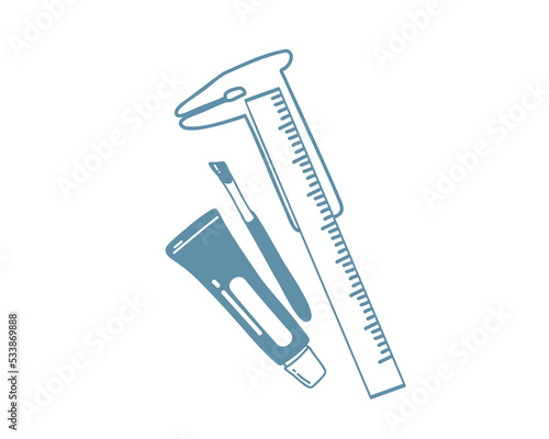 Caliper, brush, paint for coloring or correcting eyebrows. Eyebrow architecture. Facial care and makeup in a professional beauty salon. Doodle, linear, isolated on white background.Vector 
