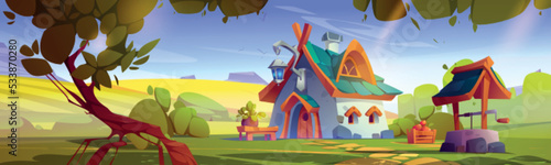 Cartoon fairy tale house against green landscape background. Vector illustration of nice fantasy dwarf hut on sunlit glade, surrounded by field, retro stone well, box of fruits and trees. Game ui