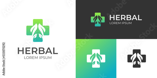 Medical Cross and Health Pharmacy Logo design with leaf logo for herbal, nature health logo icon design