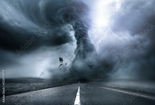 Fotografia, Obraz typhoon tornado with clouds tempest and atmosphere gale or tree hurricane and sea windstorm this is perfect for you who love or like squall wind, house disaster, meteorology storm, and etc