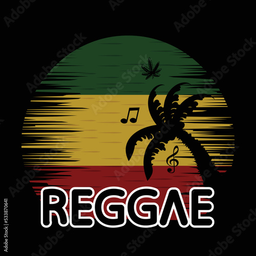 reggae themed background with musical notes composition, cannabis and coconut trees