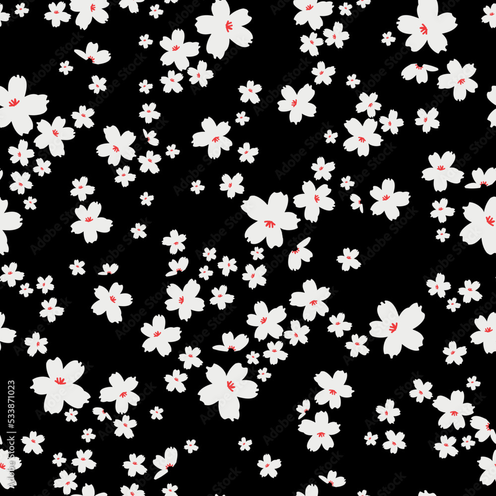 Vintage floral background with white flowers. black background. Seamless pattern for design and fashion prints.Stock vector illustration.