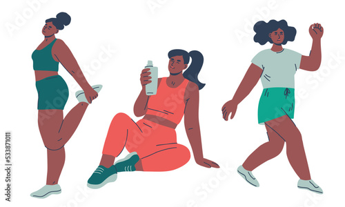 Women working out set. Active sporty black female characters. Hand drawn vector illustration