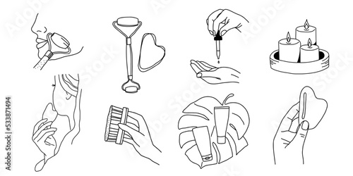 Spa and skin care set. Collection of line art illustrations of cosmetic products and face care procedures