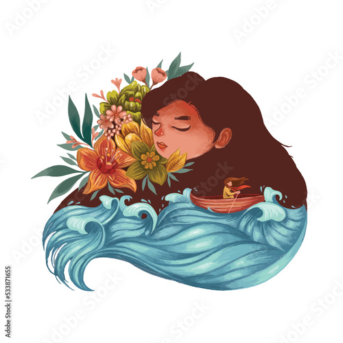 Cute illustration girl sleeping in her dream photo