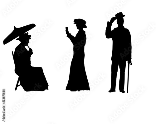 Silhouette vector illustration of Edwardian 
 or Victorian figures comprising Seated Lady with parasol, standing lady with champagne glass and man raising hat.  Isolated on white