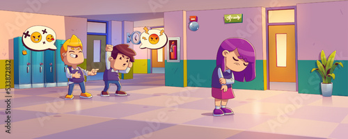 Boys bully girl in school hallway. Concept of children violence, mockery, bullying. School corridor with kids with negative emoticons in speech bubbles and victim, vector contemporary illustration