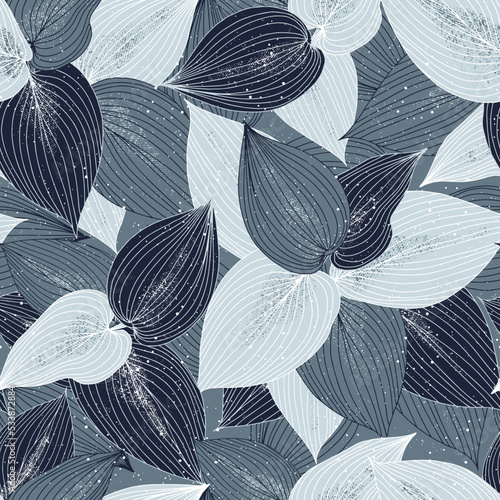 Seamless background with hosta leaves. Perfect for textile, fabric, wallpapers, graphic art, printing etc. Blue, textured