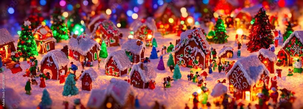 Abstract gingerbread fairy town village with bokeh and christmas lights as advent decoration. Banner size. 3d