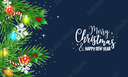 Christmas winter scenery with multicolor light chain, holly berries, green branches, snowflakes, snowfall and stars. Happy New Year vector background.