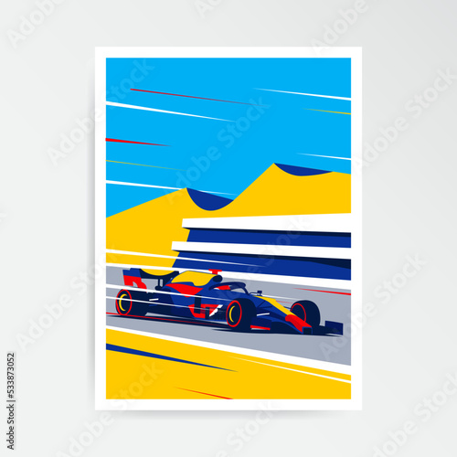 Formula car. F1 season. The best tour. Car illustration. Poster design.