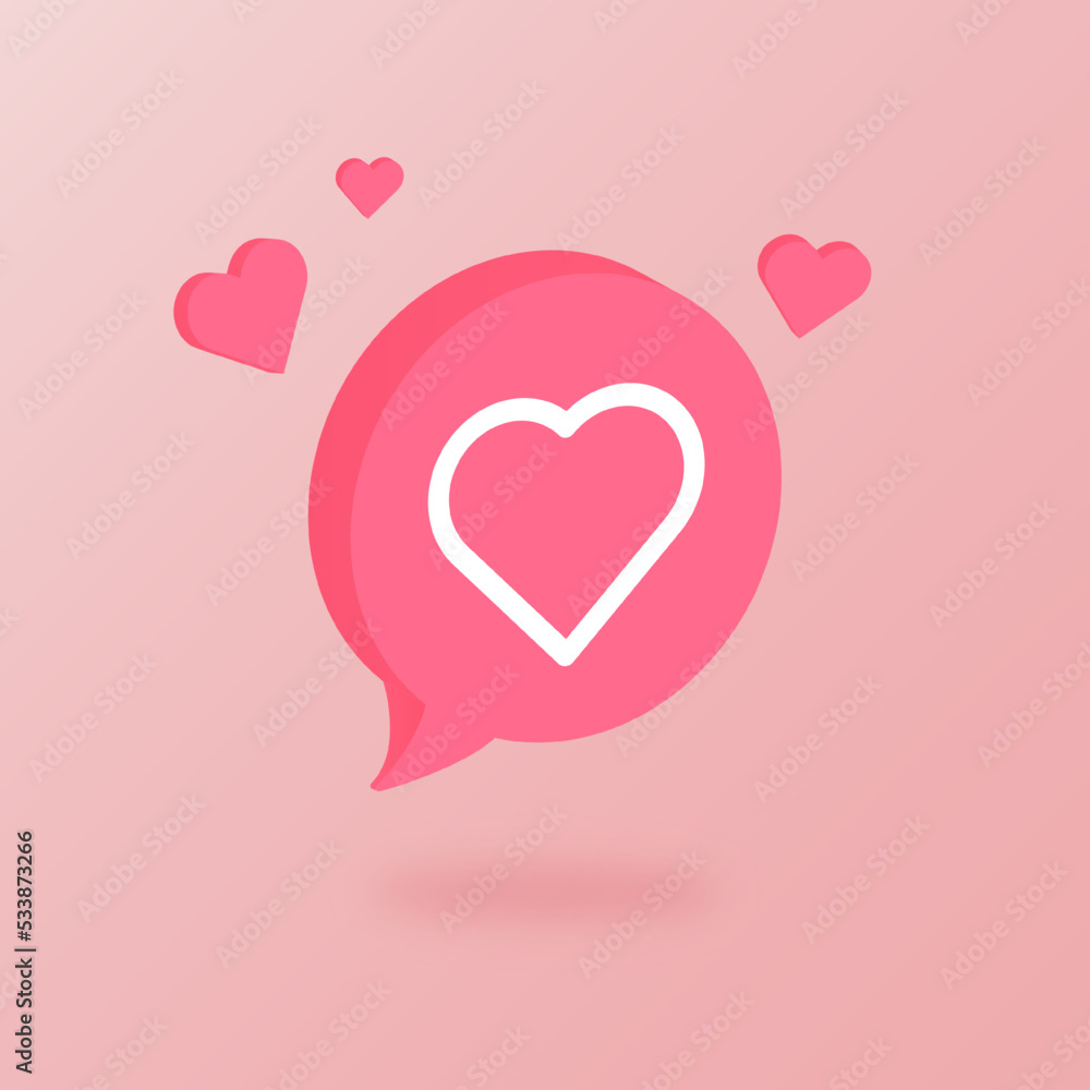 Heart signs on a 3d speech bubble. 3d circle like notification icons.