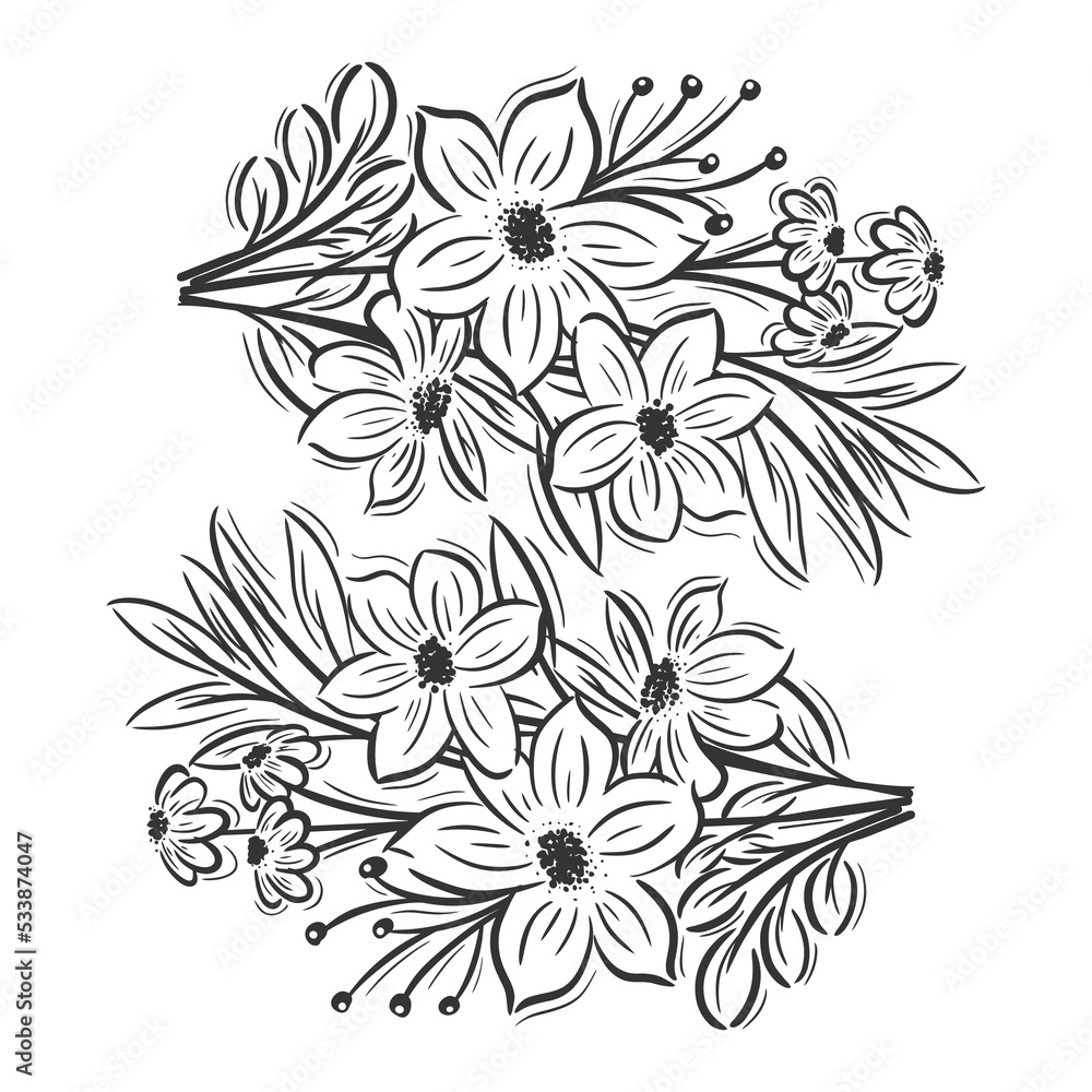 Hand-drawn two flower bouquets on white background