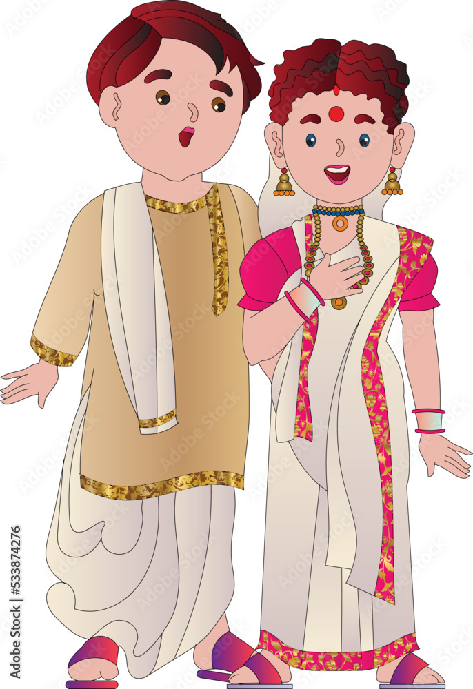 A young Indian Bengali Assamese married couple dressed in red and white ethnic Indian dress and smiling A young Indian Bengali Assamese married couple dressed in red and white ethnic Indian dress and smiling