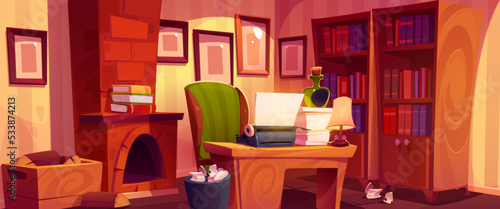 Writer cabinet with typewriter, crumpled papers in bin, bourbon bottle, paper stack and lamp on wooden desk. Cozy vintage author room with fireplace, woods and bookcase, Cartoon vector illustration