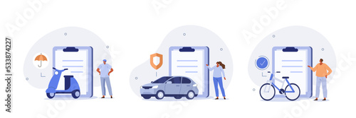 Vehicle insurance illustration set. Characters buying car, bicycle and motorbike insurance policy with full coverage and protection. Insured persons and objects. Vector illustration.