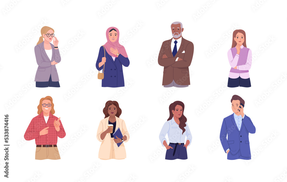Business people avatars. Vector cartoon illustration of business diverse people of different positions from management to employees with or without accessories in their hands. Isolated on white Business people avatars. Vector cartoon illustration of business diverse people of different positions from management to employees with or without accessories in their hands. Isolated on white