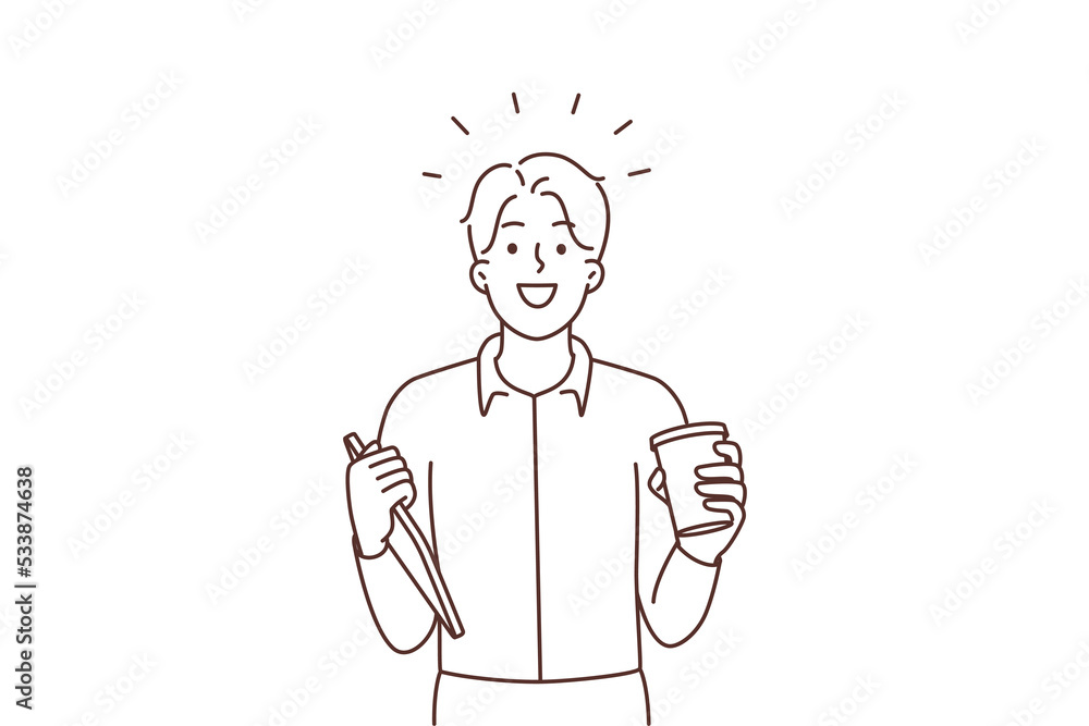 Happy businessman with tablet and coffee