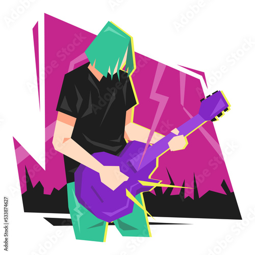 illustration of male bassist performing on stage. purple background, crowd, audience. music concept, band, concert, singer. suitable for music lovers, t-shirt design, band community. flat vector