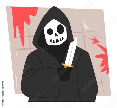 illustration of serial killer with dagger. psychopath, spooky. the background is filled with blood. suitable for halloween themes, horror movies, scary, murder, crime. flat vector