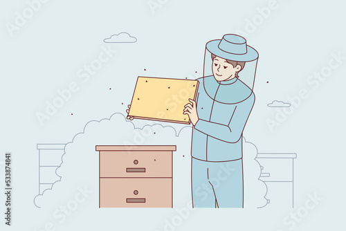 Beekeeper in costume work with bee combs in garden. Man apiarist at bee farm outdoors. Occupation concept. Vector illustration. 