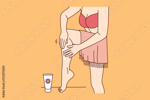Woman in bikini apply sunscreen on legs on beach. Female in swimsuit using oil or balm sun protection on seashore on summertime vacation. Vector illustration. 