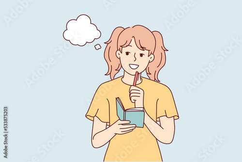 Smiling girl take notes in notebook make plans or dreams. Happy child handwrite in notepad brainstorming or daydreaming. Vector illustration. 