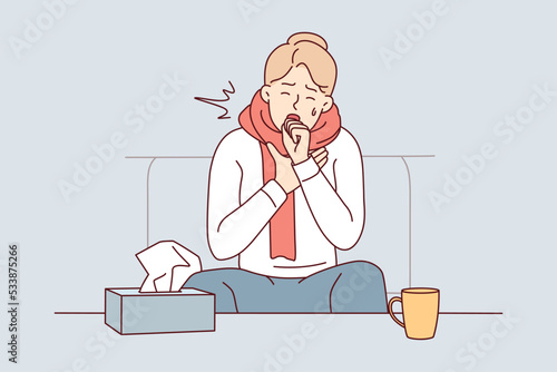 Unhealthy young man sit on sofa at home struggle with covid-19 symptoms. Unwell sick guy feeling bad coughing and sneezing having flu. Vector illustration. 