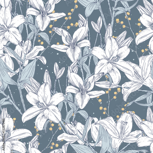 Floral design with daylilies Seamless pattern with spring blooming flowers and berries. Delicate pastel blue tones. Perfect for textile, fashion, invitation, wallpapers and home decor. photo