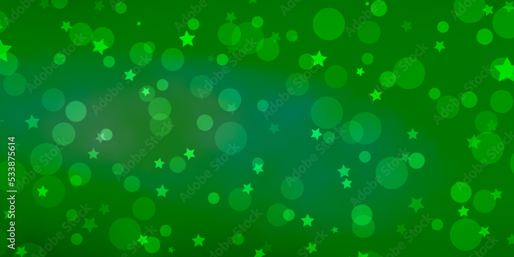 Light Green vector backdrop with circles, stars.