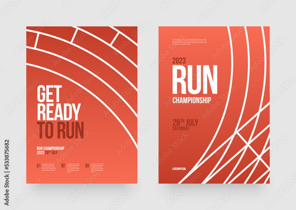 Vector layout template design for run, championship or any sports event. Poster design with abstract running track on stadium with lane. - obrazy, fototapety, plakaty 