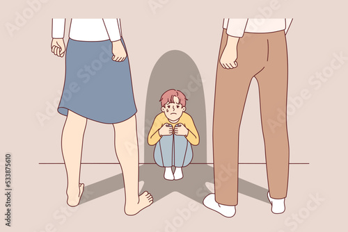 Terrified little boy child scared of aggressive violent parents. Upset crying small kid frightened of angry adults. Family fight and domestic violence. Vector illustration. 