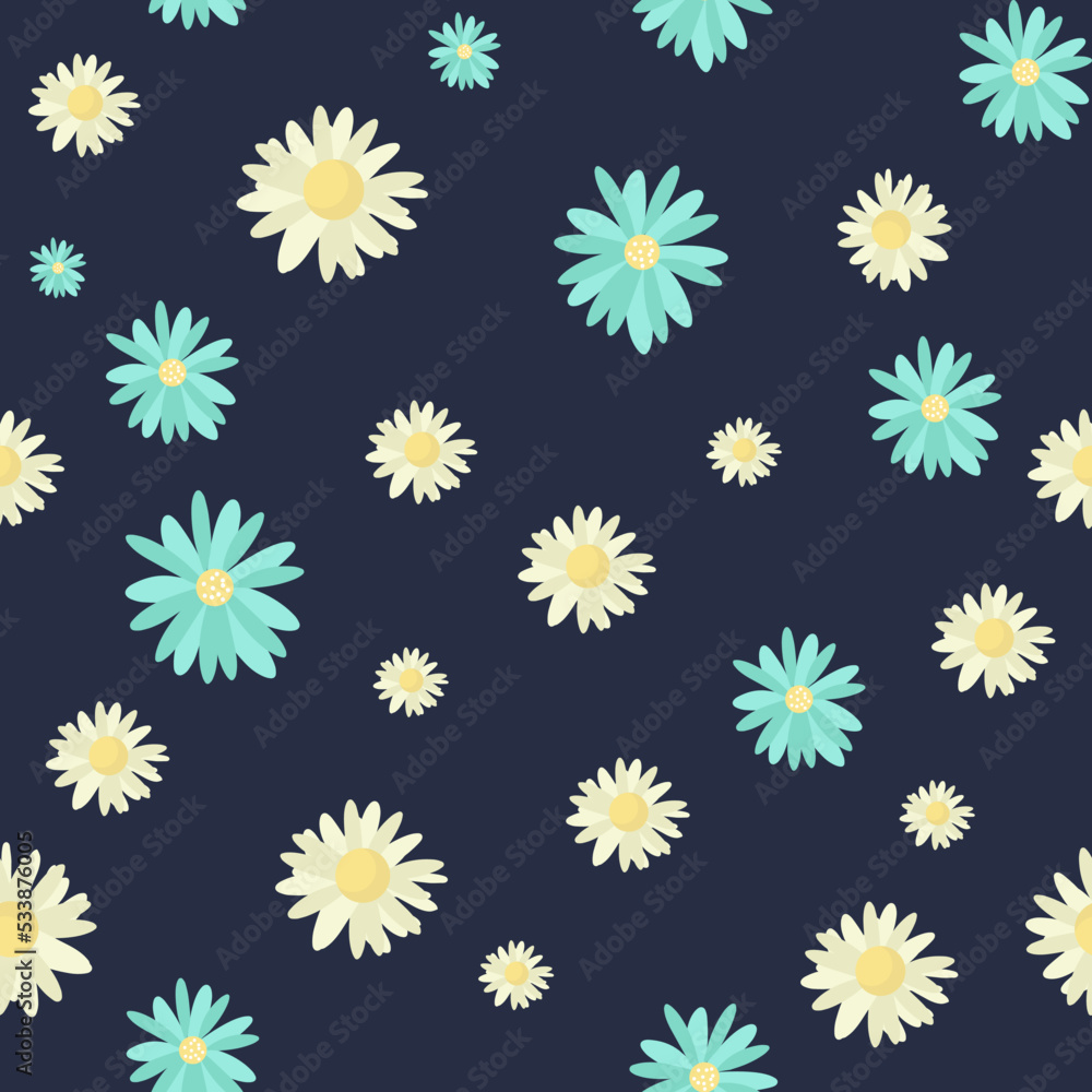 Daisy seamless pattern on dark blue background. Floral ditsy print with small white flowers. Chamomile design great for fashion fabric, trend textile and wallpaper. Vector Daisy seamless pattern on dark blue background. Floral ditsy print with small white flowers. Chamomile design great for fashion fabric, trend textile and wallpaper. Vector