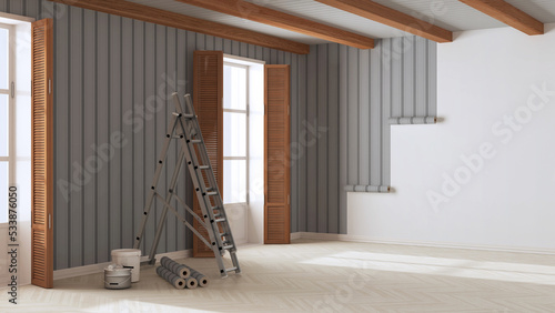 Fotografía Empty room with white walls, wooden ceiling and parquet floor, shits of striped gray wallpaper on the wall with copy space
