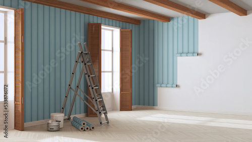 Quadro em tela Empty room with white walls, wooden ceiling and parquet floor, shits of striped blue wallpaper on the wall with copy space